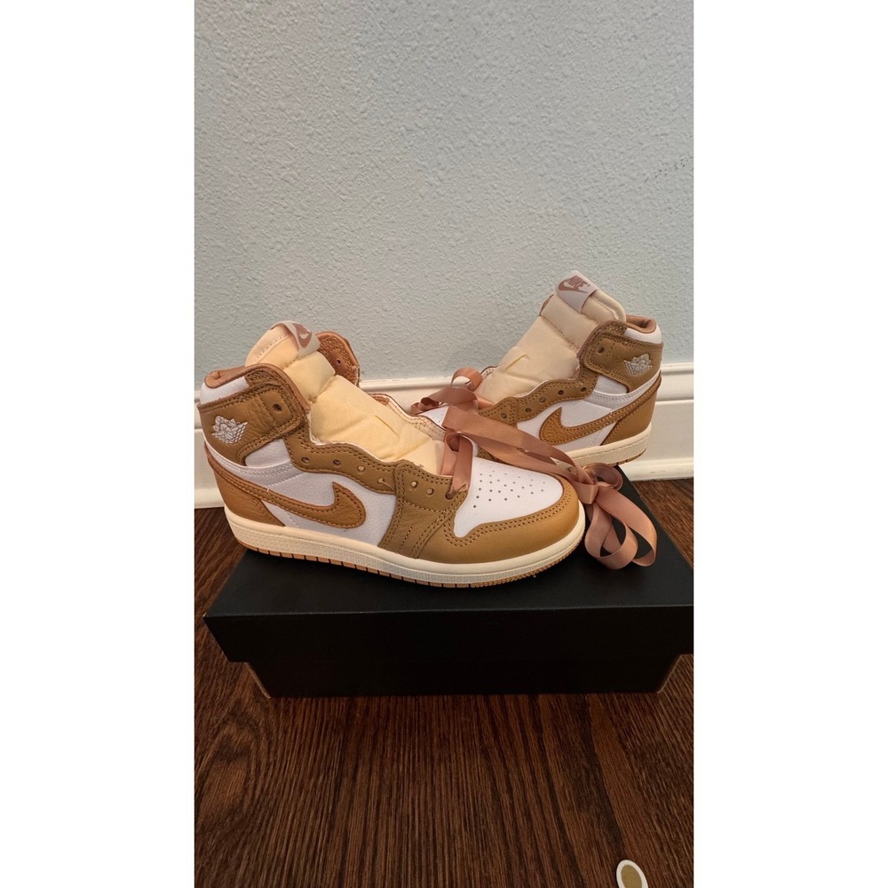 Nike Air Jordan 1 Mid Youth Sneakers – Tan / White with Satin Ribbon Laces 1Y - Picture 5 of 7